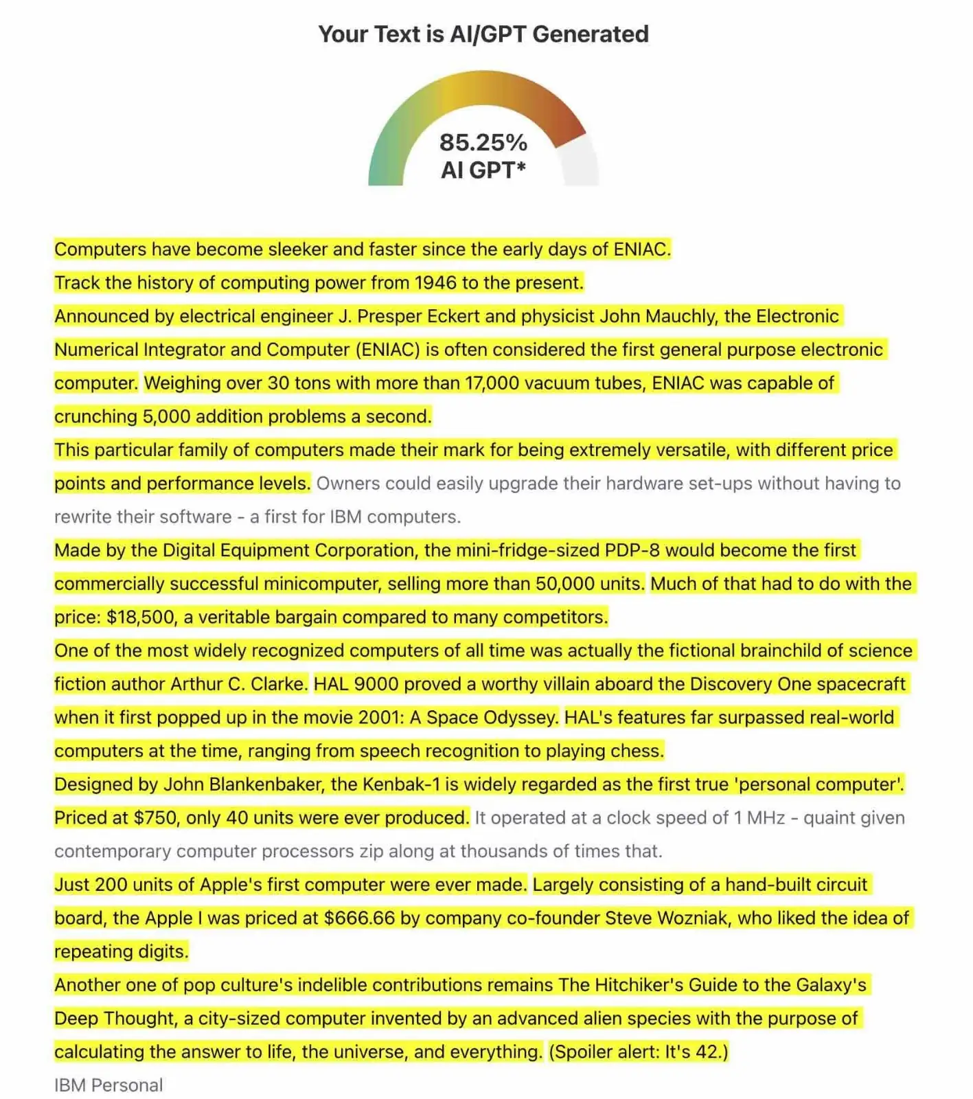 ZeroGPT results from 2011 article