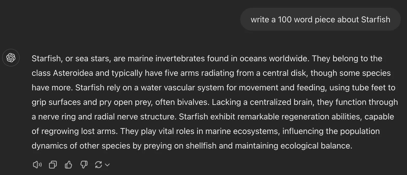 First message sent to chatgpt about starfish