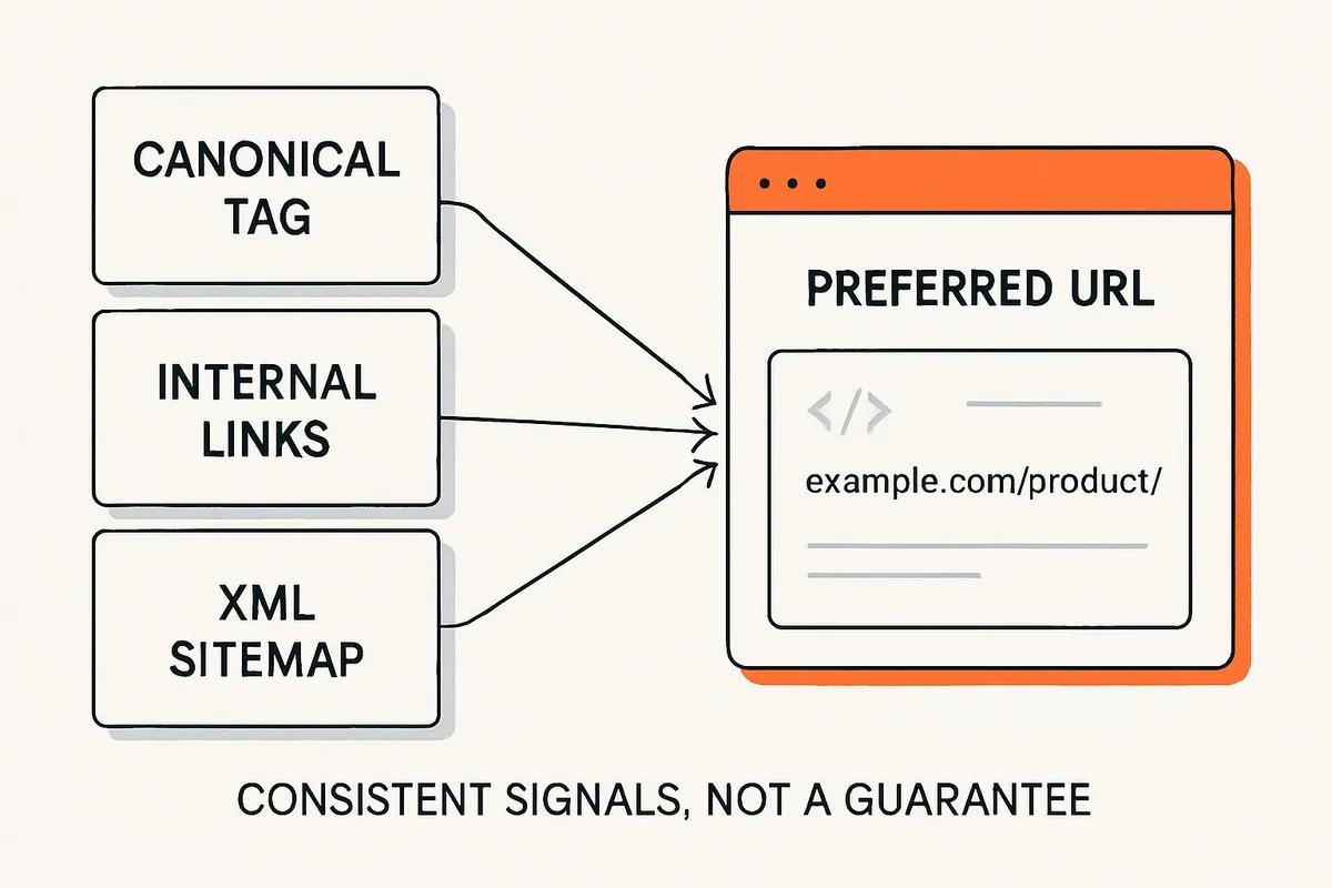 Canonical tags, internal links and XML sitemap entries all point to the same preferred product URL.