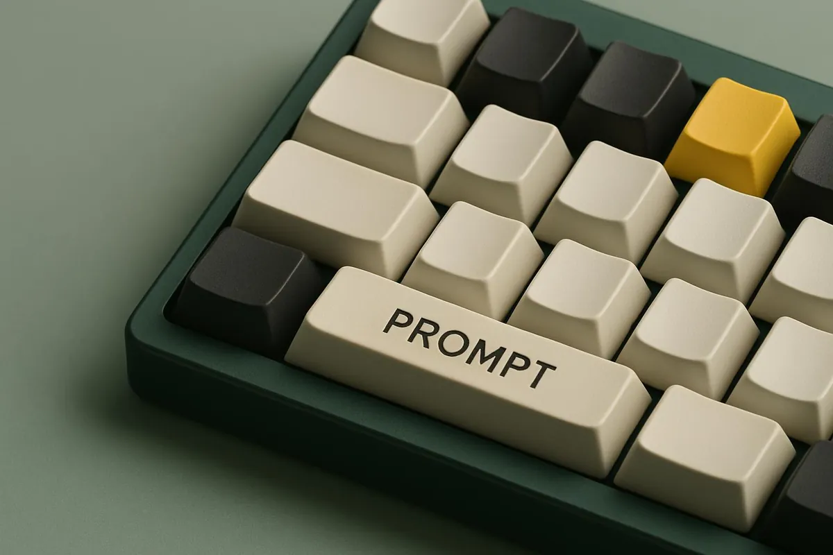 A custom PROMPT key on a forest-green keyboard illustrates deliberate SEO prompting.