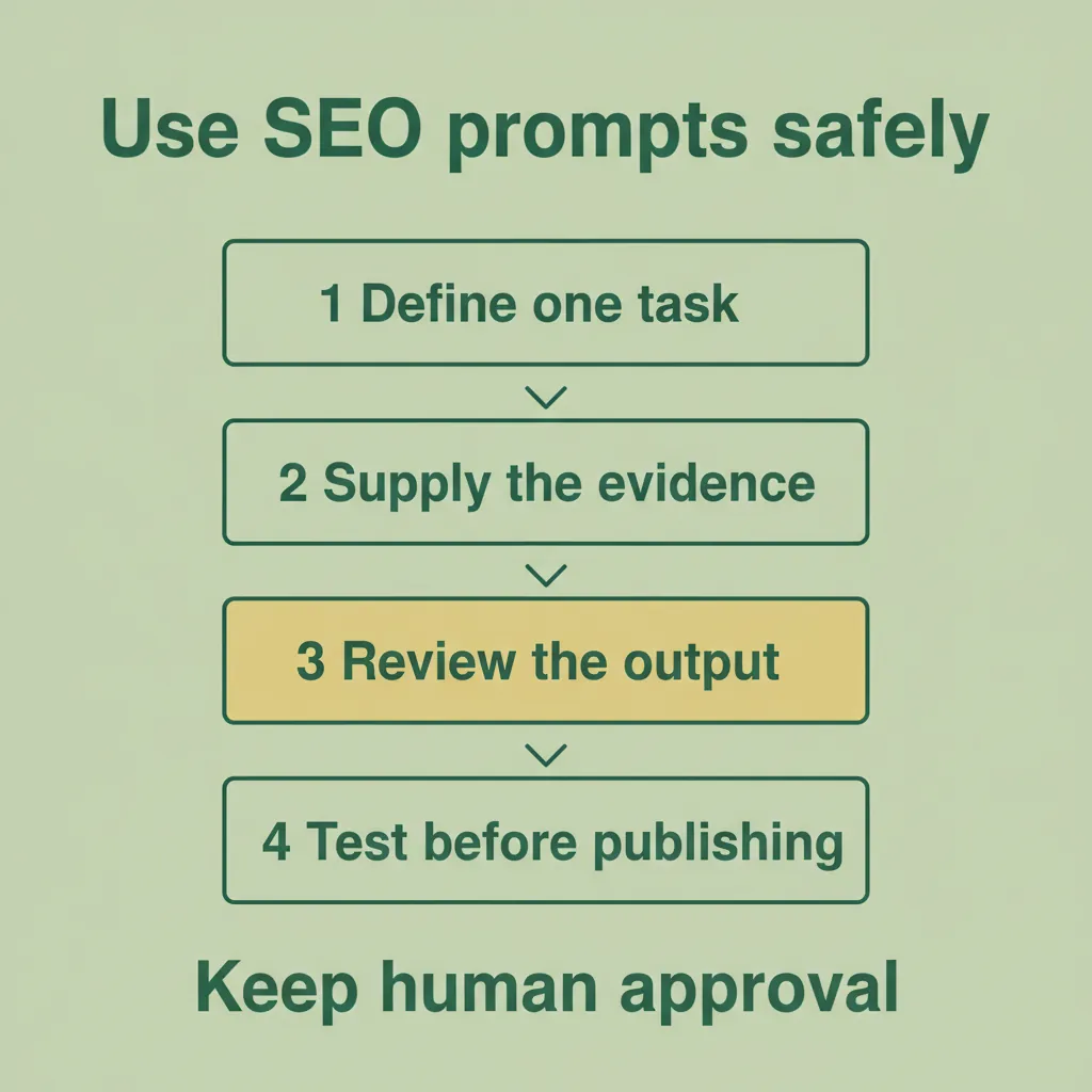 Four stages for SEO prompting: define one task, supply the evidence, review the output and test before publishing.