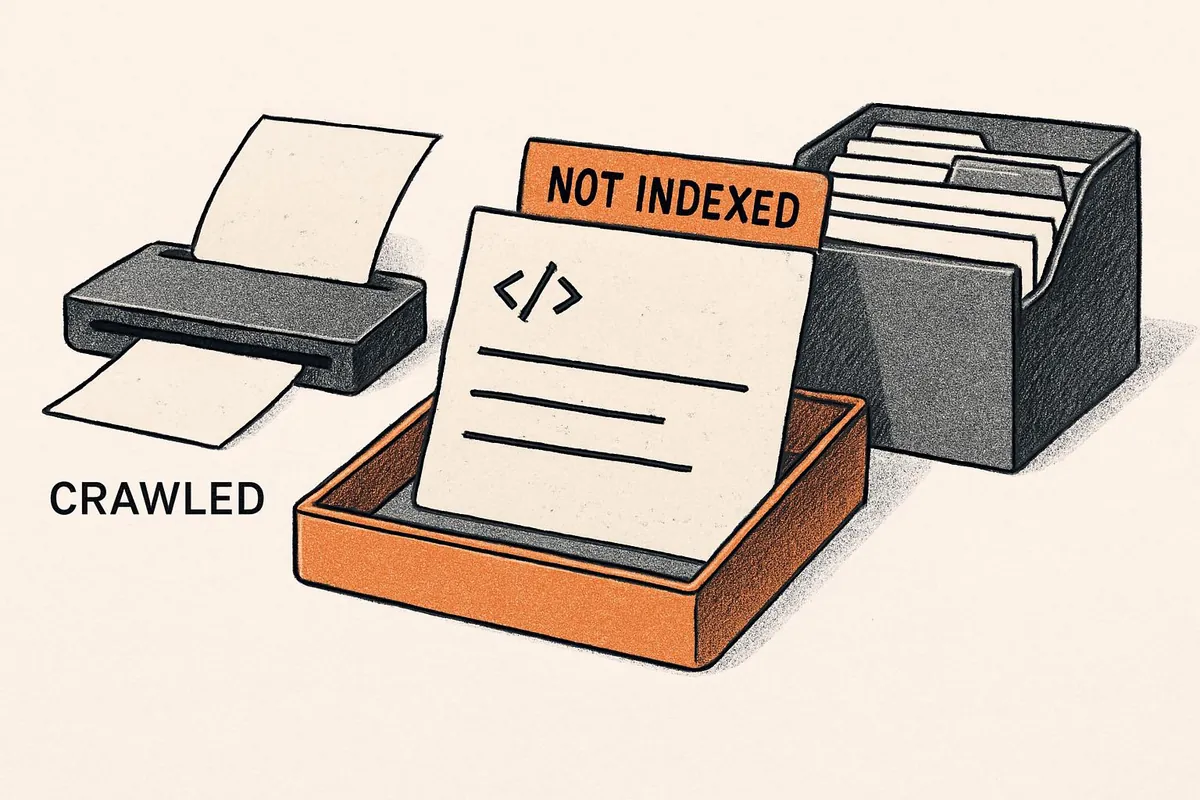 A crawled webpage sits outside an index filing rack in a separate tray marked Not Indexed.