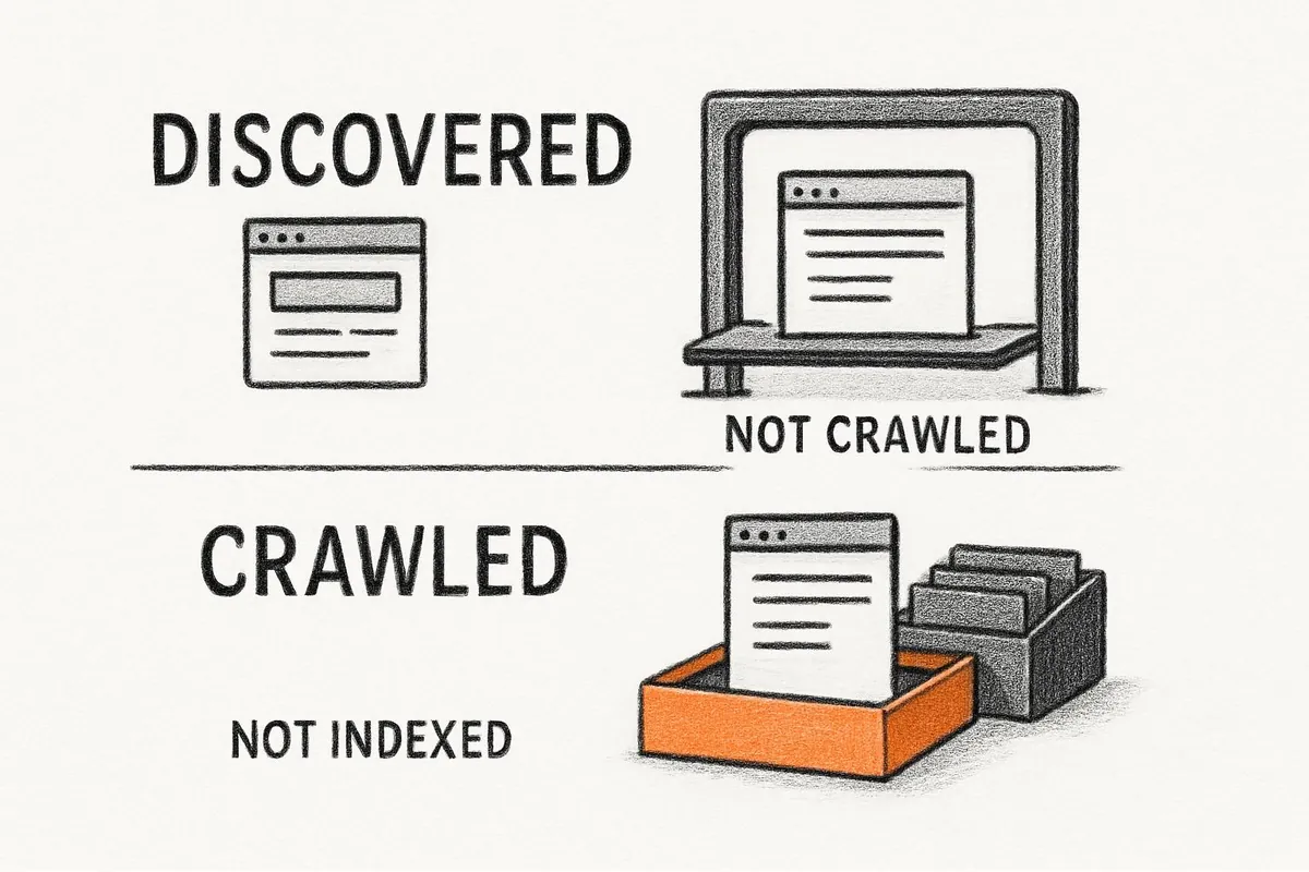 Two Search Console exclusions compared: discovered but not crawled, and crawled but not indexed.