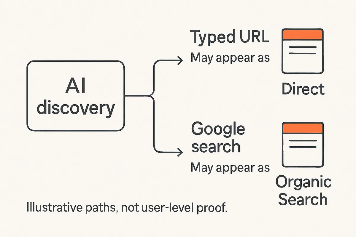 Earlier AI discovery can lead to a typed visit or a Google search, which may appear under different GA4 channels.