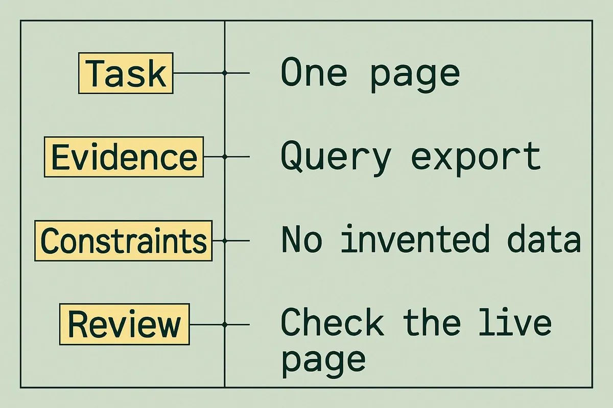 An instruction brief connects one page, a query export, a no-invented-data constraint and a live-page review.