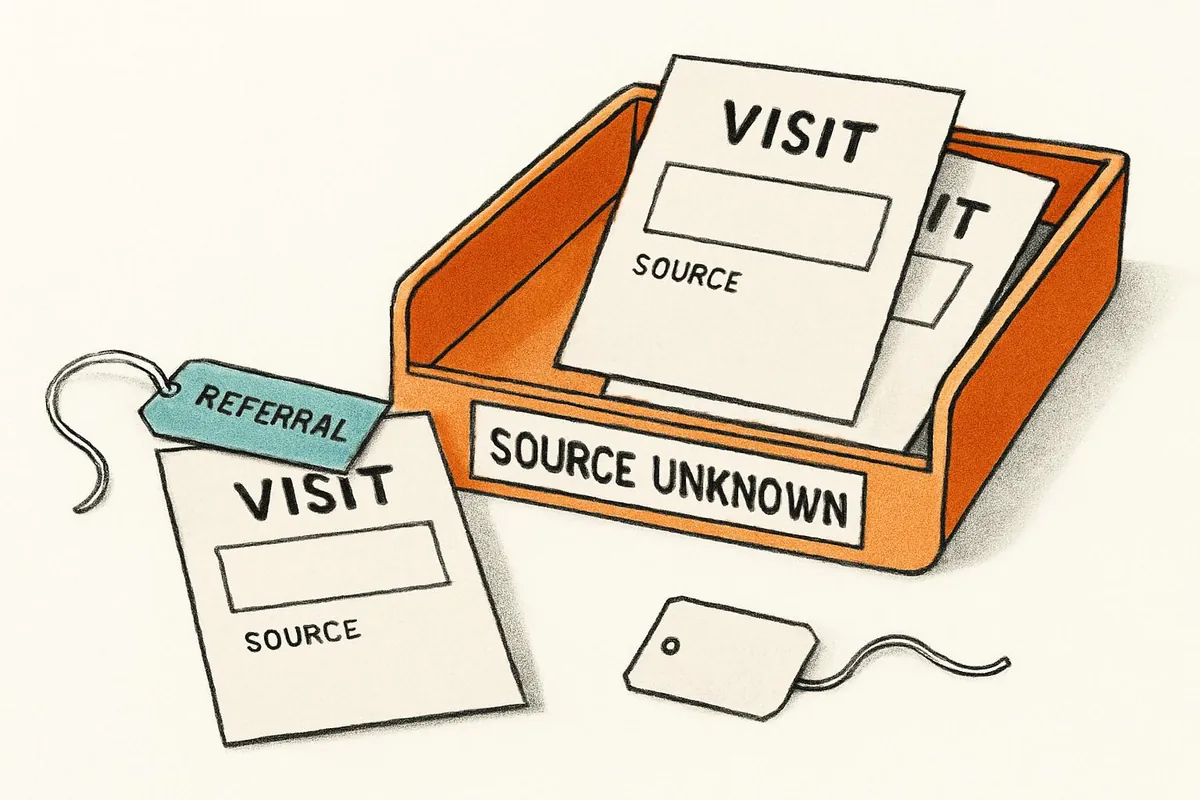 Paper visit records with missing source tags collected in a tray labeled Source Unknown.